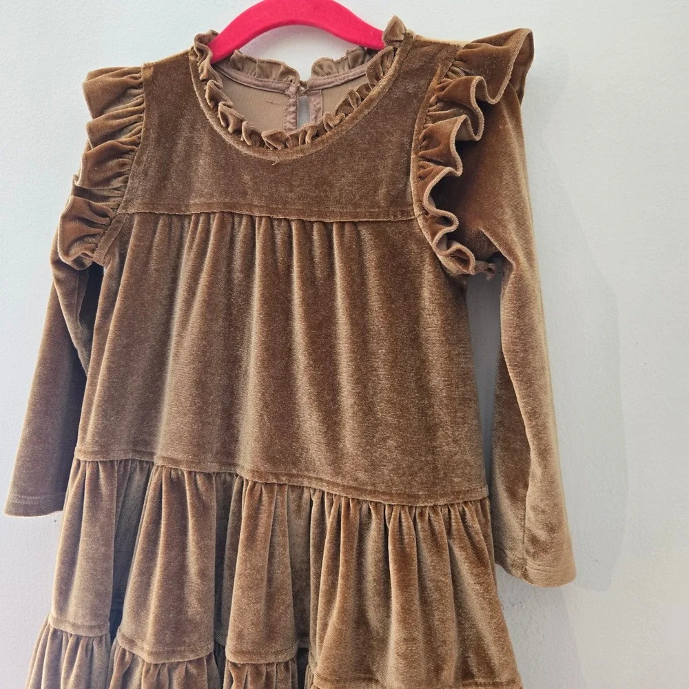 Pink Chicken New York Girls Brown Velvet Ruffle Tiered Dress 3Y JO06230101